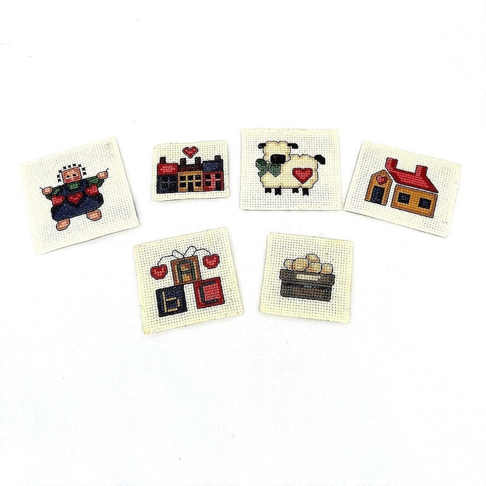 Handmade Cross Stitch Fridge Magnets Country Core Folk Art Set of 6 Needlepoint